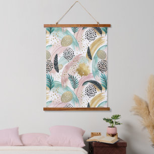 Abstrakter botanischer Pinselstrich und Gold Wandteppich Mit Holzrahmen
