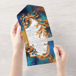Abstrakter Bronze-Stil, goldblau, barocke All In One Einladung