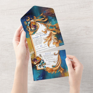 Abstrakter Bronze-Stil, goldblau, barocke All In One Einladung