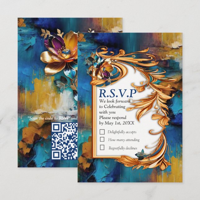 Abstrakter Bronze-Stil, goldblau, barocke RSVP Karte (Vorne/Hinten)