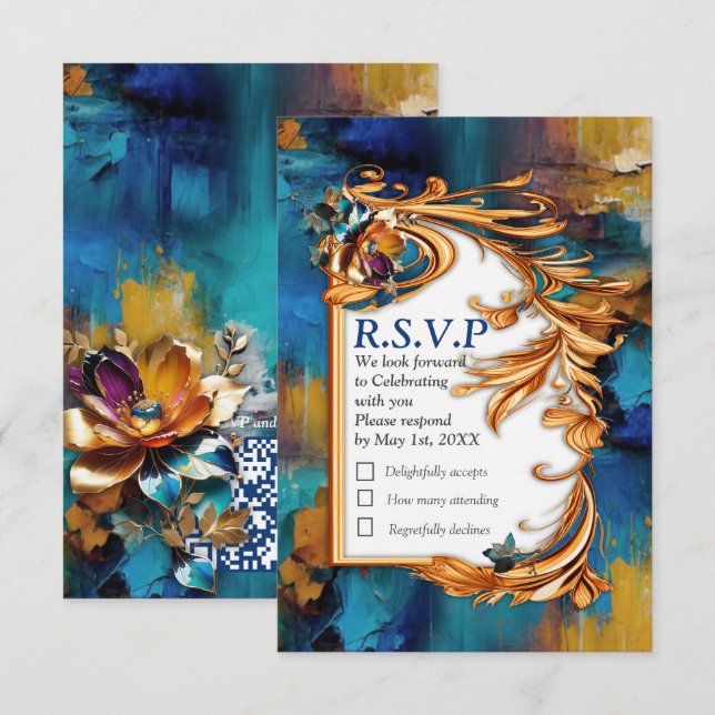 Abstrakter Bronze-Stil, goldblau, barocke RSVP Karte (Vorne/Hinten)
