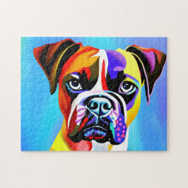 Abstrakter, bunter Boxer Hund auf blauem Hintergru