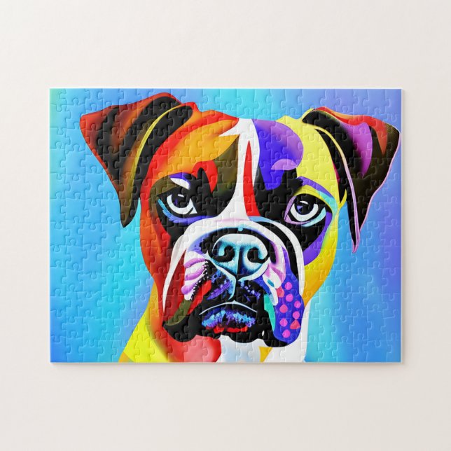 Abstrakter, bunter Boxer Hund auf blauem Hintergru (Horizontal)
