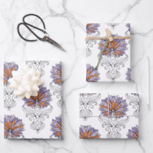 Abstrakter Doodle-Kunststil Blumen Lila Orange Geschenkpapier Set