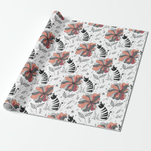 Abstrakter Doodle-Kunststil Katze riecht an einer Geschenkpapier