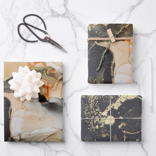Abstrakter dunkler Moody-Schwarz-Gold-Alkoholtink Geschenkpapier Set (Vorderseite)