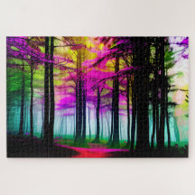 Abstrakter farbenfroher Wald mit schwarzen Bäumen,