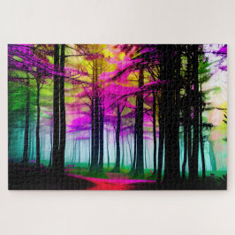 Abstrakter farbenfroher Wald mit schwarzen Bäumen,
