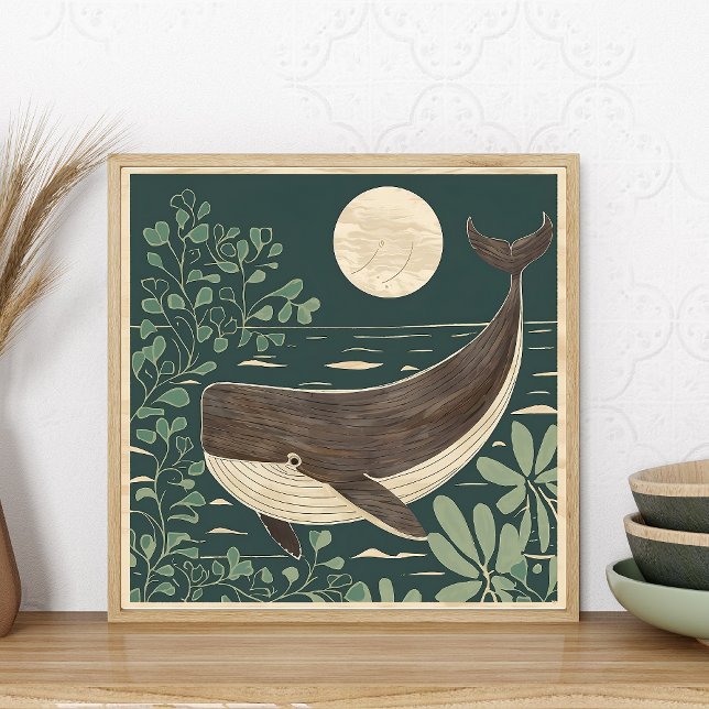 Abstrakter Fauvismwal Poster (matisse like abstract painting of whale, moon, ocean. Japanese woodblock style)