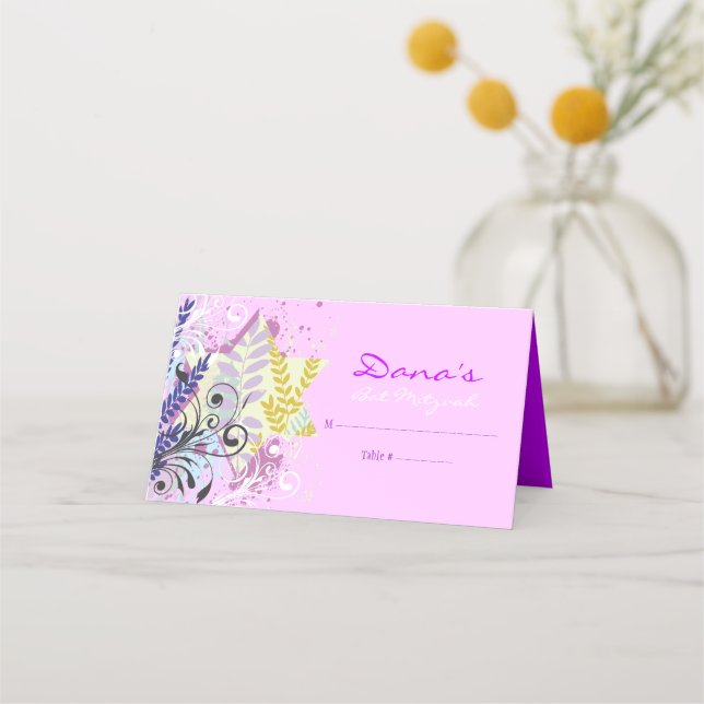 ABSTRAKTER FLORAL STAR Bat Mitzvah Sitzgelegenheit Platzkarte (Vorderseite)