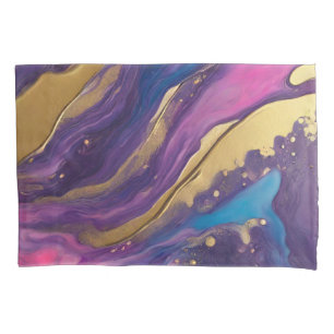 Abstrakter Flow Art Blue Lila Rosa und Gold- Kissenbezug