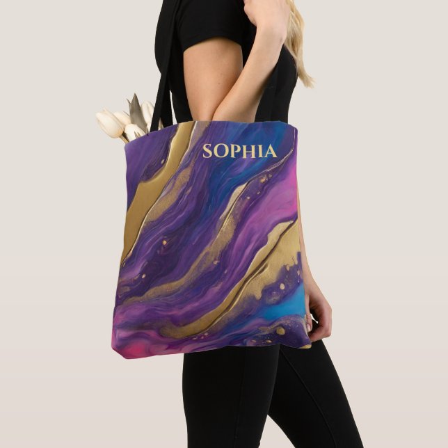 Abstrakter Flow Art Blue Lila Rosa und Gold- Tasche (Von Nahem)