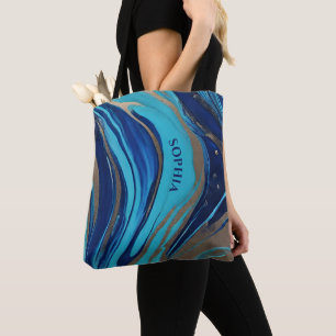 Abstrakter Flow Art Blue und Gold- Tasche