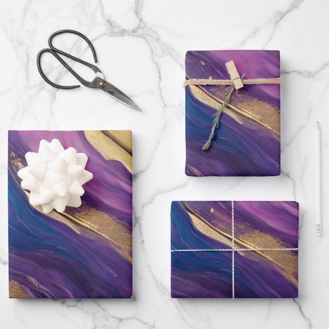 Abstrakter Fluss Art - Blau, Lila, rosa und goldfa Geschenkpapier Set (Vorderseite)