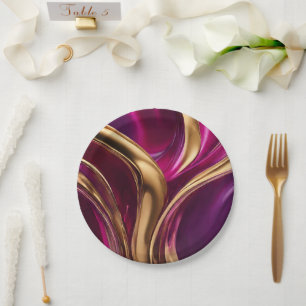 Abstrakter Fluss Kunst-Fuchsia Lila und Gold- Pappteller