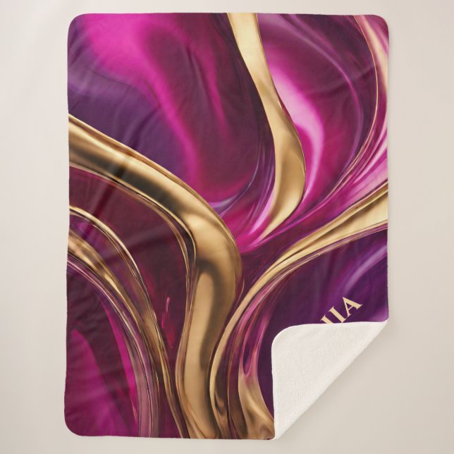 Abstrakter Fluss Kunst-Fuchsia Lila und Gold- Sherpadecke (Vorderseite)