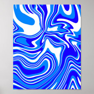 Abstrakter, flüssiger Swirl in Blau und Weiß Poster