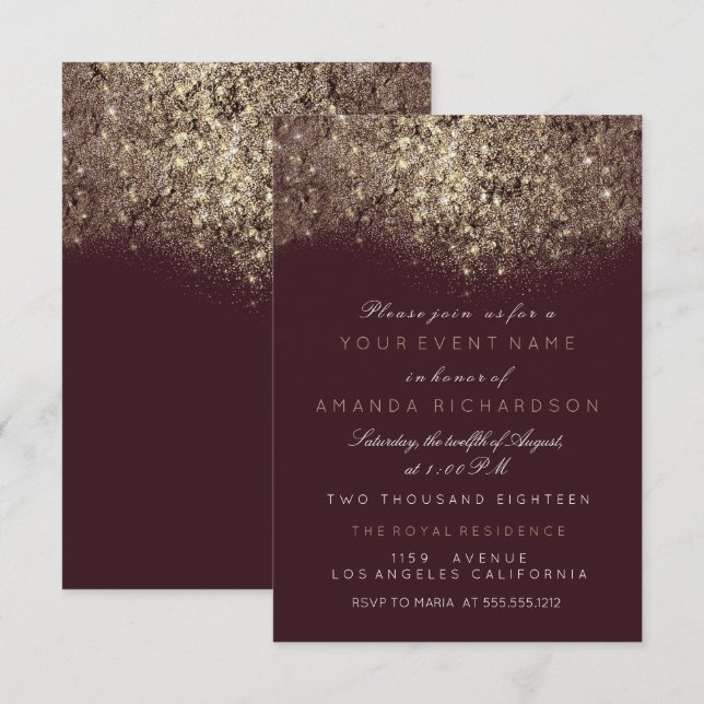 Abstrakter Funkelnd Glitzer Burgundy Typografie Einladung (Vorne/Hinten)