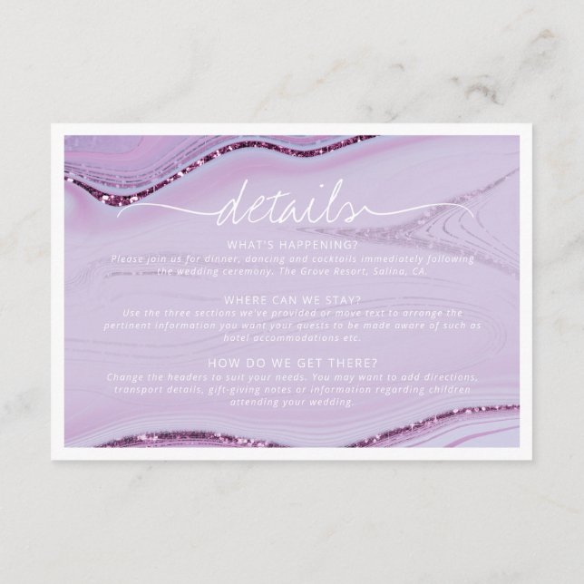 Abstrakter Glitzer Strata Wedding Details Lilc ID9 Begleitkarte (Rückseite)