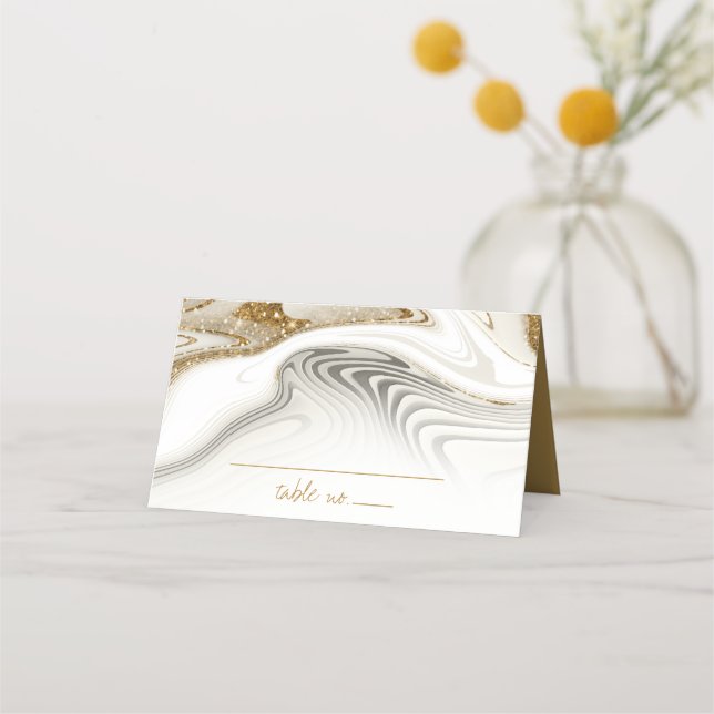 Abstrakter Glitzer Strata Wedding Ivory ID903 Platzkarte (Vorderseite)