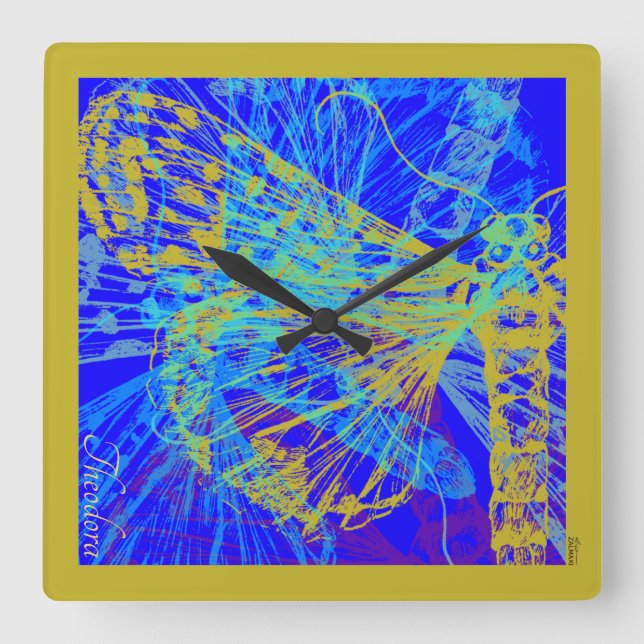 Abstrakter Goldbarmherziger Blauer Teig Quadratische Wanduhr (Vorderseite)