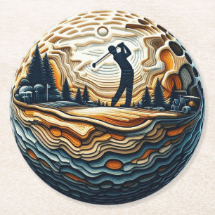 Abstrakter Golfer auf Golfball-Zirkuläre Golfkunst Runder Pappuntersetzer
