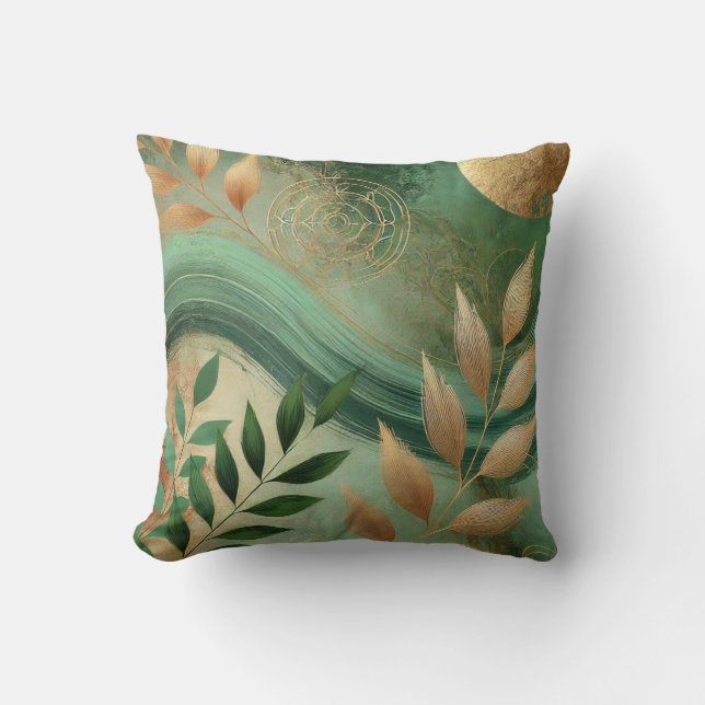 Abstrakter, grün-goldener Leaf-Kunststil 26 Kissen (Vorderseite)