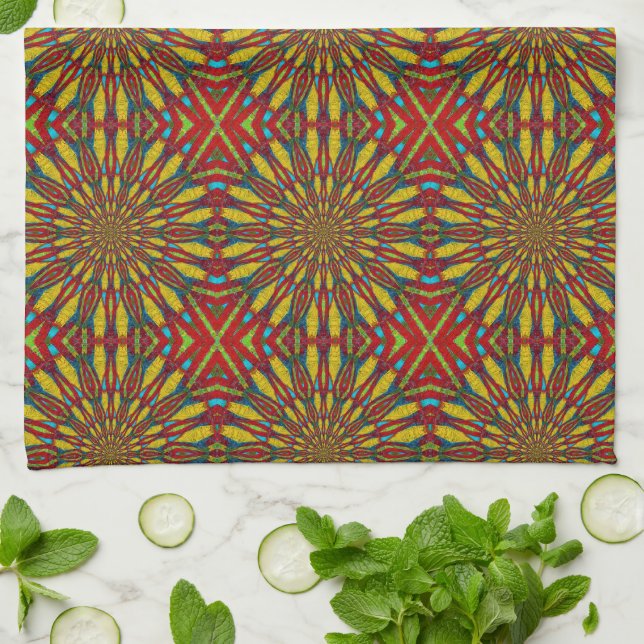 Abstrakter Hippie Red & Yellow Floral Ethnic Triba Geschirrtuch (Gefaltet)