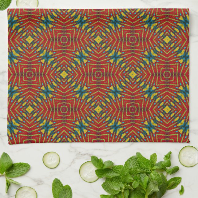 Abstrakter Hippie Red & Yellow Floral Ethnic Triba Geschirrtuch (Gefaltet)