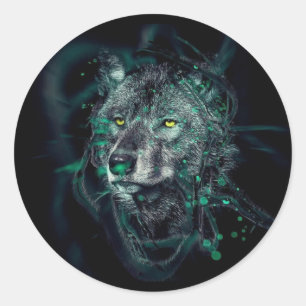 Abstrakter Indianerwolf Runder Aufkleber