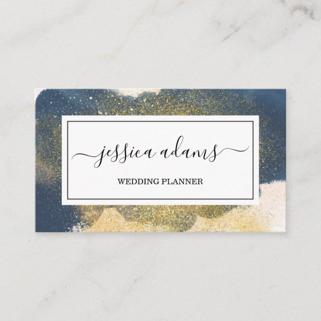 Abstrakter Indigo Watercolor Gold Glitzer Hochzeit Visitenkarte (Vorderseite)