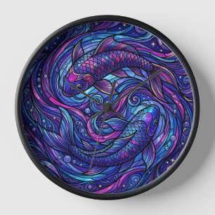 Abstrakter Koi-Fisch-Wirbel Kosmische Lila-Kunst-U Uhr