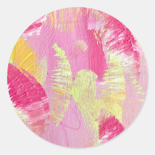 Abstrakter Kunstaufkleber in Rosa und Gelb Runder Aufkleber