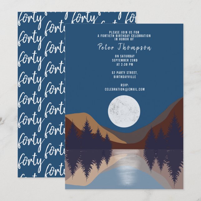 Abstrakter Landschaftswald Moon 40 Geburtstag Einladung (Vorne/Hinten)