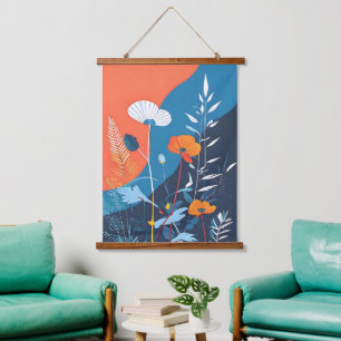 Abstrakter Lebendiger Blütenposter Wandteppich Mit Holzrahmen