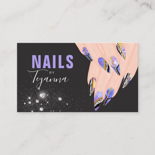 Abstrakter Lila Marmor Glitzer Hands Nail Artist Visitenkarte (Vorderseite)