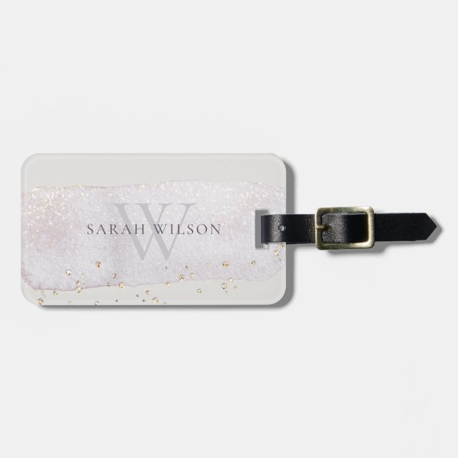 Abstrakter Lilac Brush Stoß Monogram Glitzer Gepäckanhänger (Vorderseite horizontal)