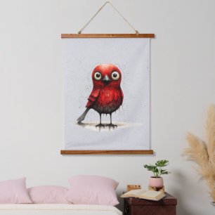 Abstrakter Mad Bird in Rot und Schwarz Wandteppich Mit Holzrahmen