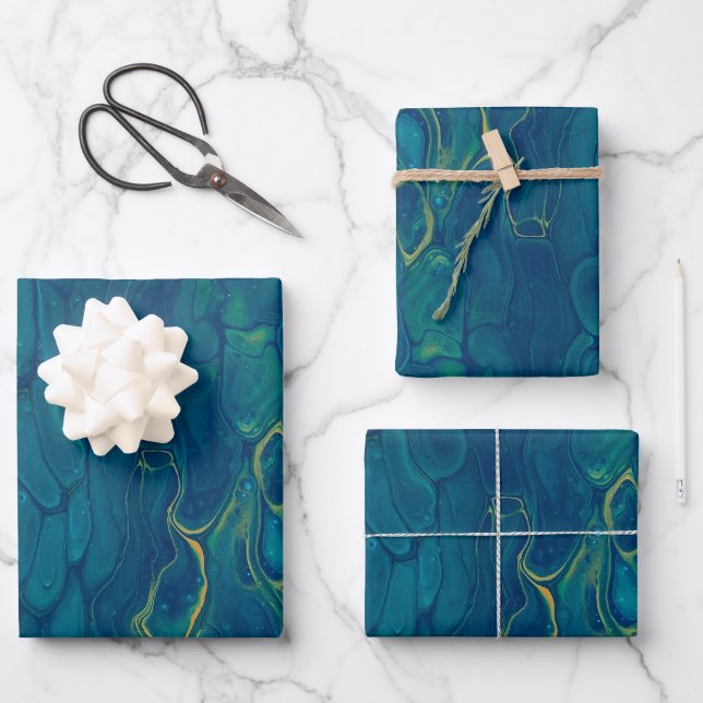 Abstrakter Marmor, blau-gelb, mosaik Fluid Art Geschenkpapier Set (Vorderseite)