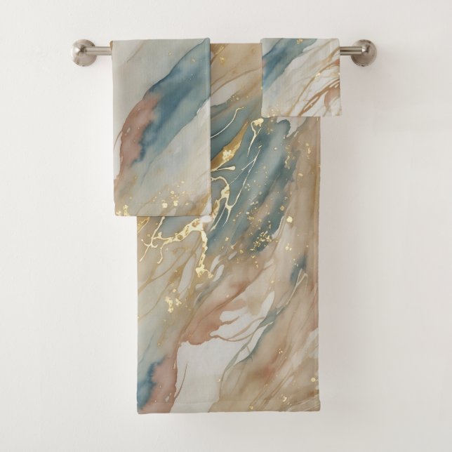 Abstrakter Marmor in Beige & Blau Badhandtuch Set (Insitu)