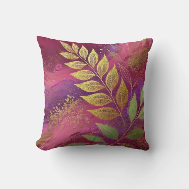 Abstrakter Maroon-Golden Leaf Kunststil 16 Kissen (Vorderseite)