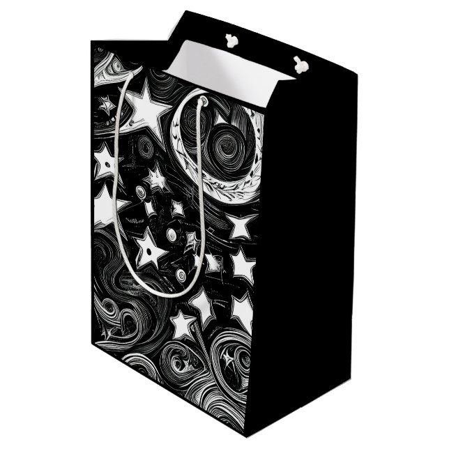 Abstrakter Mond und Sterne Mittlere Geschenktüte (Rückseite Schrägansicht)