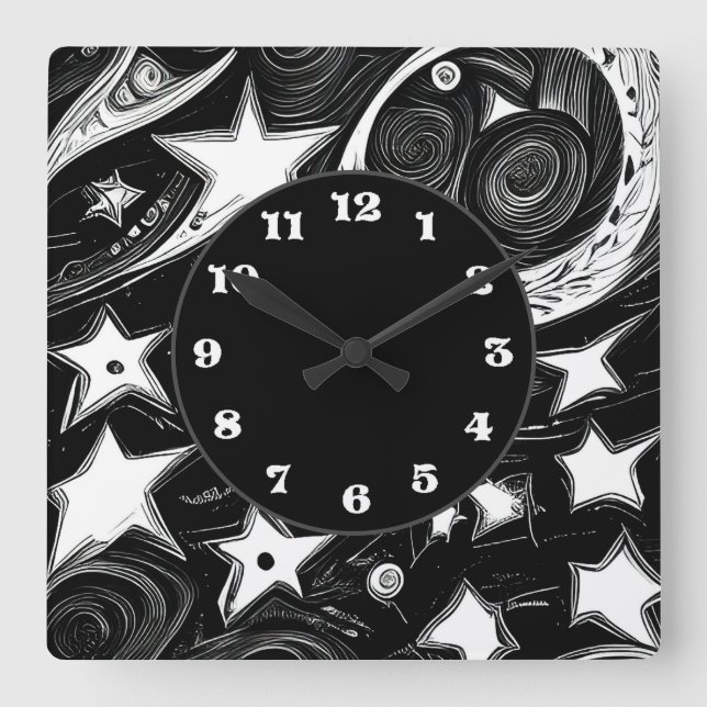 Abstrakter Mond und Sterne Quadratische Wanduhr (Vorderseite)