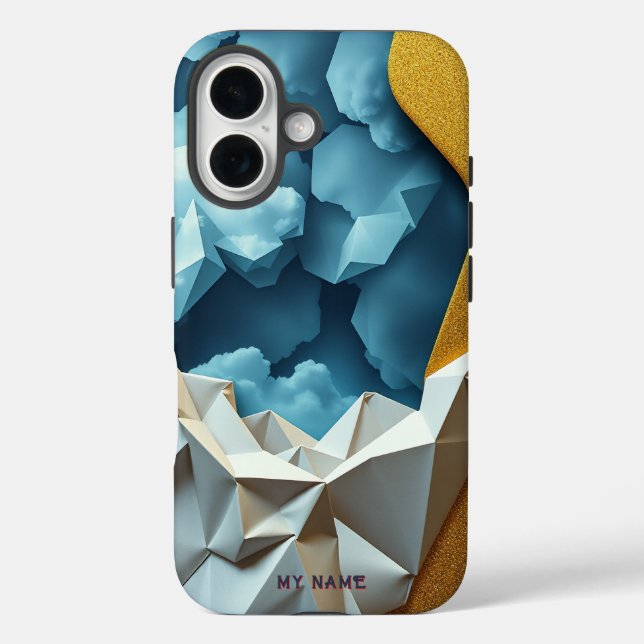 Abstrakter Origami Sky und Gold iPhone 16 Hülle (Rückseite)