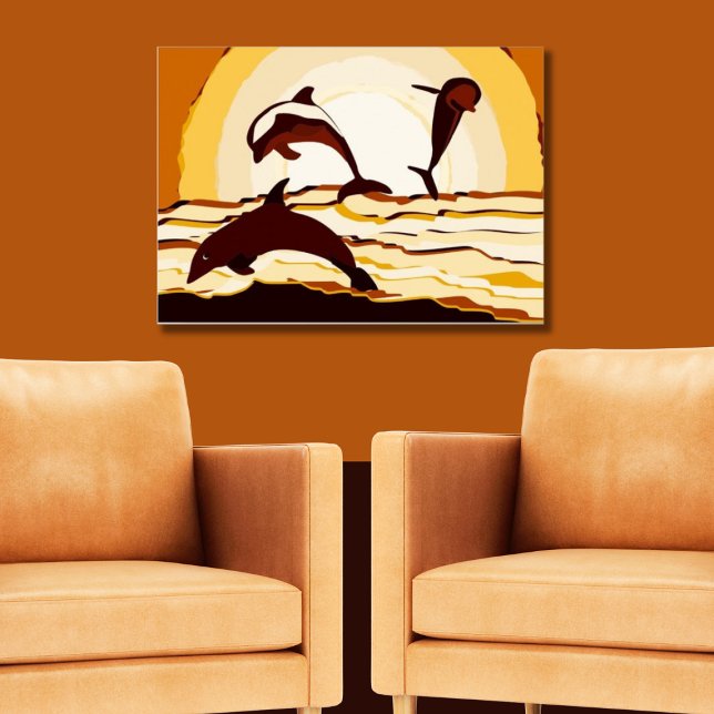 Abstrakter Ozean-Springer bei Sonnenuntergang Poster (Three Jumping Dolphins at Sunset Poster)
