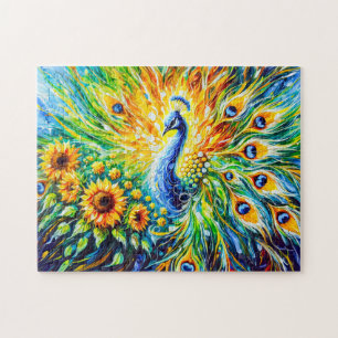 Abstrakter Pfau mit Sonnenblumen in der Malerei