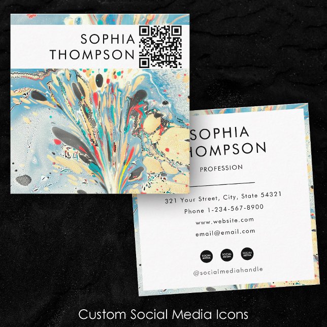 Abstrakter QR Code Social Media Quadratische Visitenkarte (Colorful Blue Marble Abstract QR Code Social Media Square Business Card)