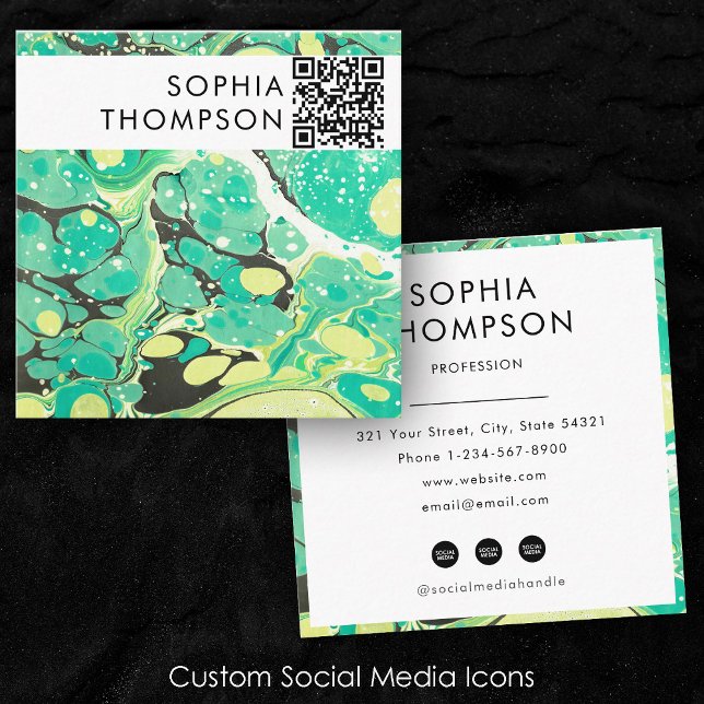 Abstrakter QR Code Social Media Quadratische Visitenkarte (Green Yellow Marble Abstract QR Code Social Media Square Business Card)