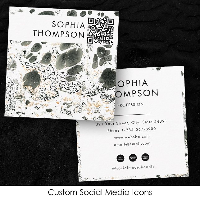 Abstrakter QR Code Social Media Quadratische Visitenkarte (Black & White Marble Abstract QR Code Social Media Square Business Card)