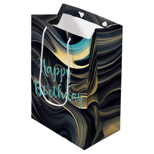 Abstrakter Rauch-Swirl aus Schwarz und Gold Mittlere Geschenktüte (Vorderseite Schrägansicht)